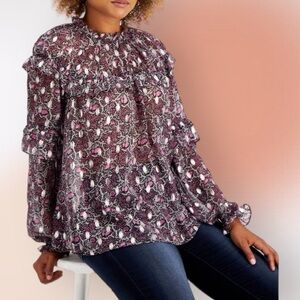 INC Black Pink and Silver Ruffled Long Sleeve Peasant Blouse Size L